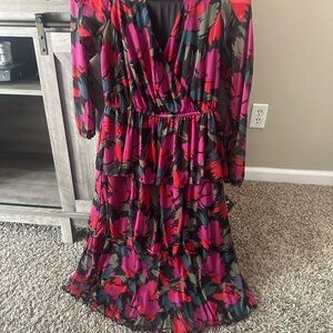 Floral Tiered Long Sleeve Maxi Dress - Black with Pink & Red Floral